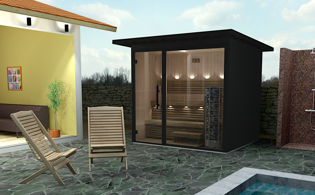 NL2320 Deco outdoor sauna beside a pool